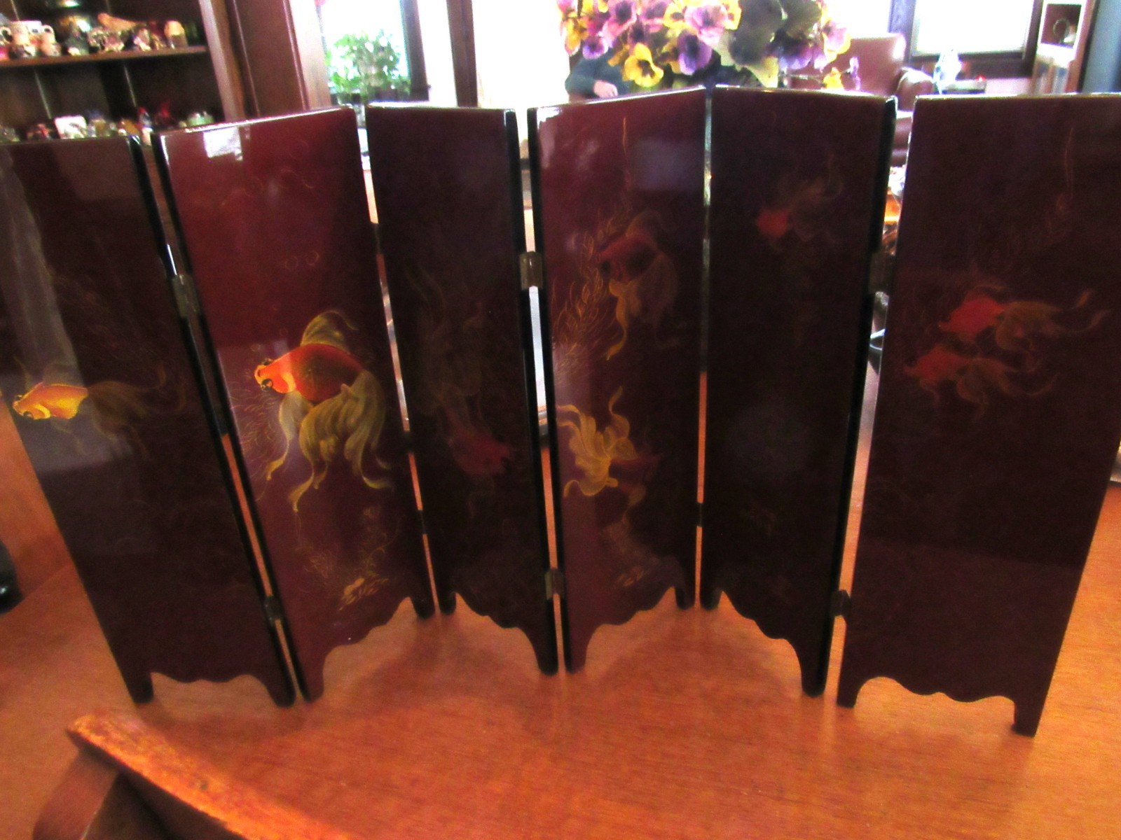 Asian 6 Panel 2 Side Lacquer Wood MOP Abalone Gold Fish Screen Divider 14"x28"