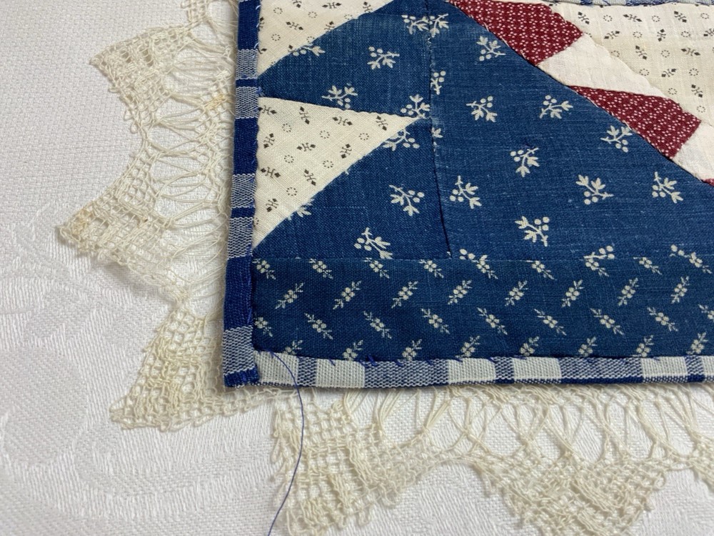 Antique Patchwork Quilt Table Topper, Early Calicos, Triangles, Small, Red, Navy