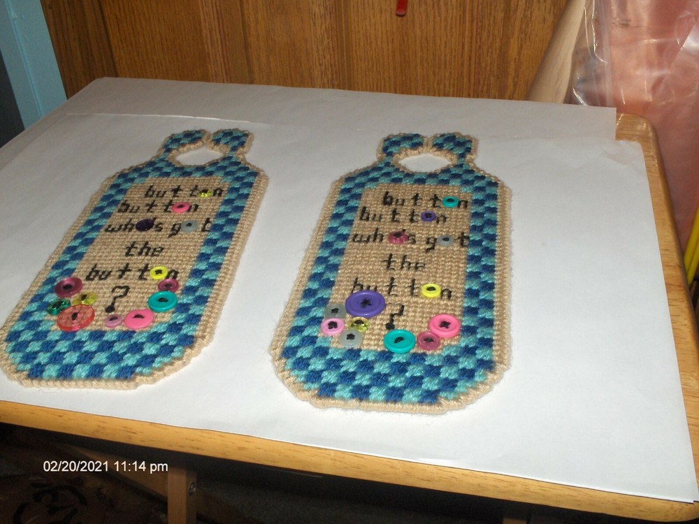 Finished Door or Wall hanger decor made from plastic canvas, yarn and buttons