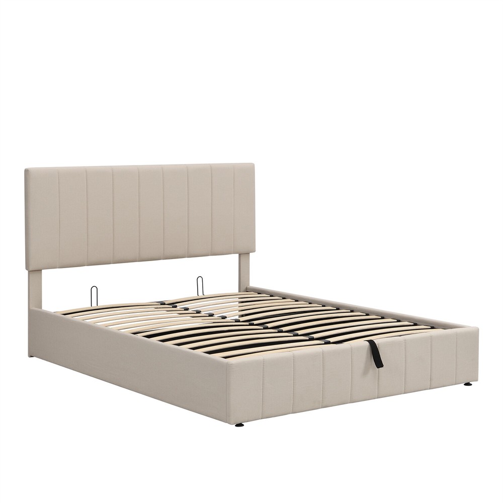 Queen Size Bed Frame Upholstered Platform Bed w/ Hydraulic Storage System