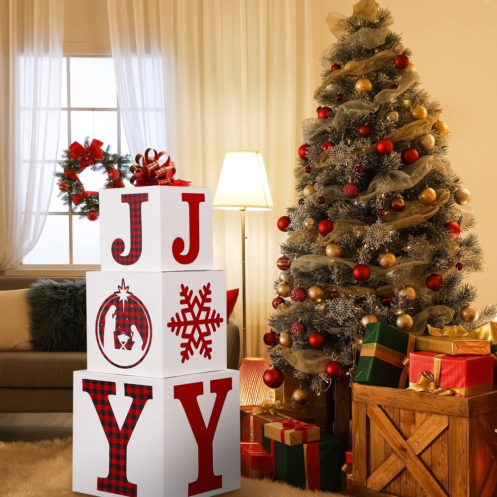 4 PCS Merry Christmas Joy Boxes Decorations Large Stackable Nesting Gift