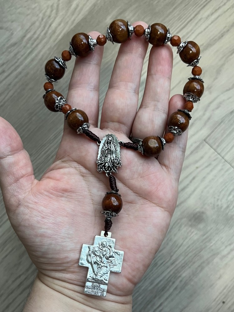 Virgin Guadalupe St Christopher Holy Family 1 Decade Rosary Wood Beads JMJ Cross