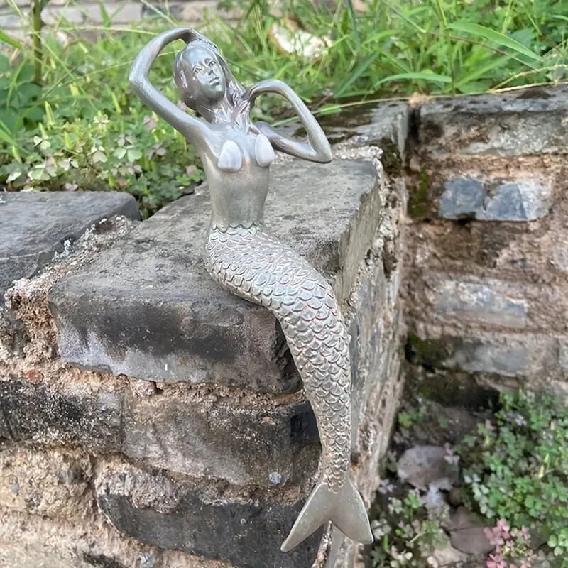 NEW 8" Vintage Silver Style Shelltop Mermaid Sits Resin Figurine Sculpture 8x2.4
