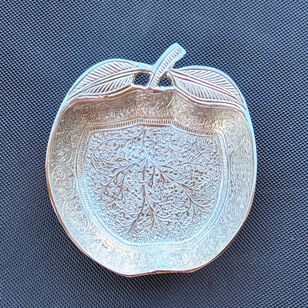 Intricate Silver Plated? Metal Apple Shaped Candy Trinket Dish Engraved 5.25" L
