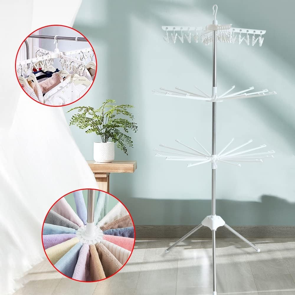 3-Tier Rotating Clothes Drying Rack with Sturdy Alloy and PP Plastic