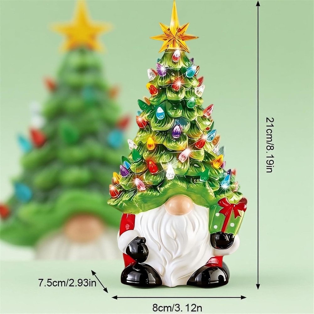 Lighted Christmas Gnome Tree, 8 Inch Faceless Old Man Ceramic Decor with Mult...