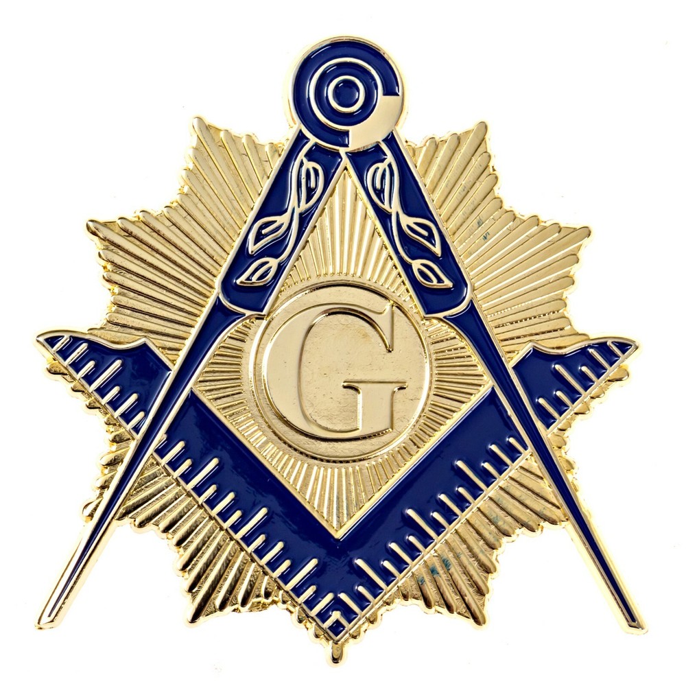 Shining Square & Compass Masonic Auto Emblem - [Blue & Gold][3'' Tall]