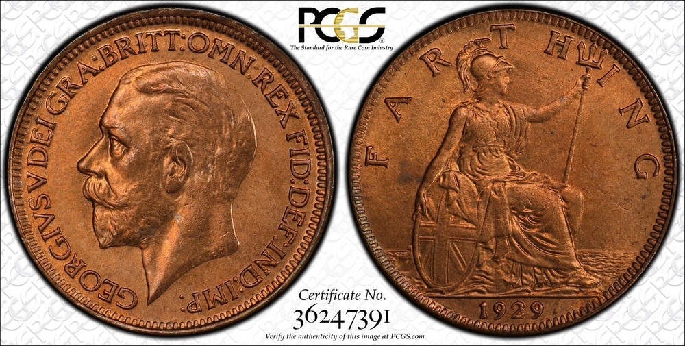 1929 Farthing Great Britain PCGS Ms65 Red