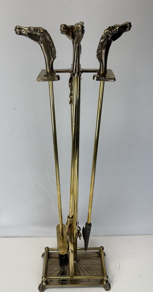 Vintage Solid Brass Equestrian / Horse Head 5pc Fireplace Tool Set
