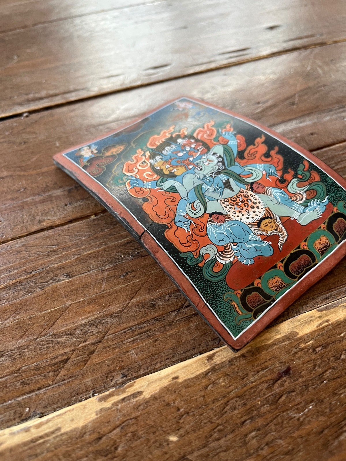 Tibetan Thangka Painted on Horn Yamantaka in Father-Mother Union