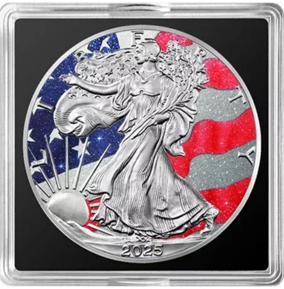 🇺🇸2025 Three Precious Stone Flag Ruby/Sapphire/ Diamond Dust 1oz Silver Coin