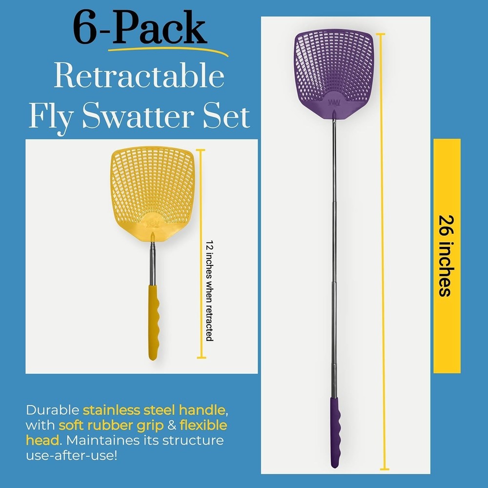 Lightweight Extra Long Fly Swatter Set - Durable Telescopic Pest Control 6 Pack