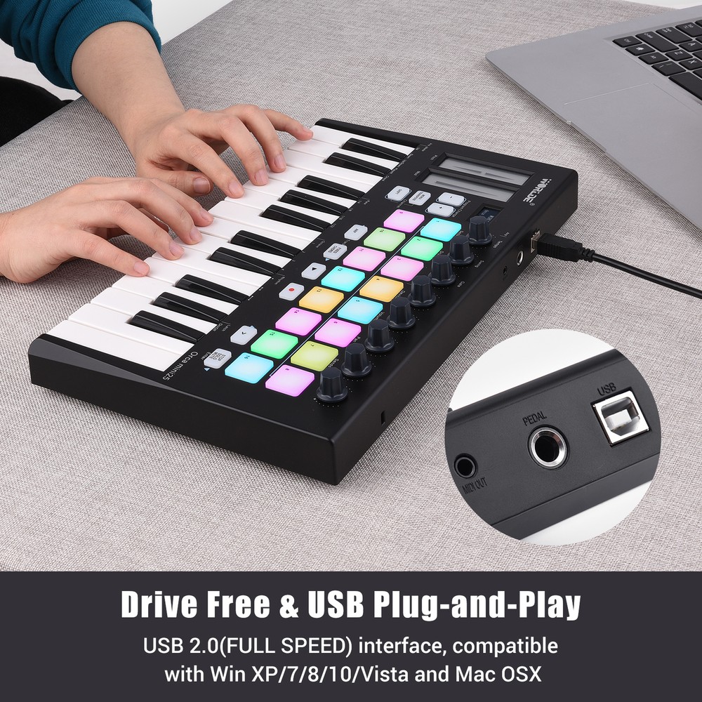 WORLDE 25-Key USB MIDI Keyboard Controller 16 RGB Backlit Trigger Pads R8I9