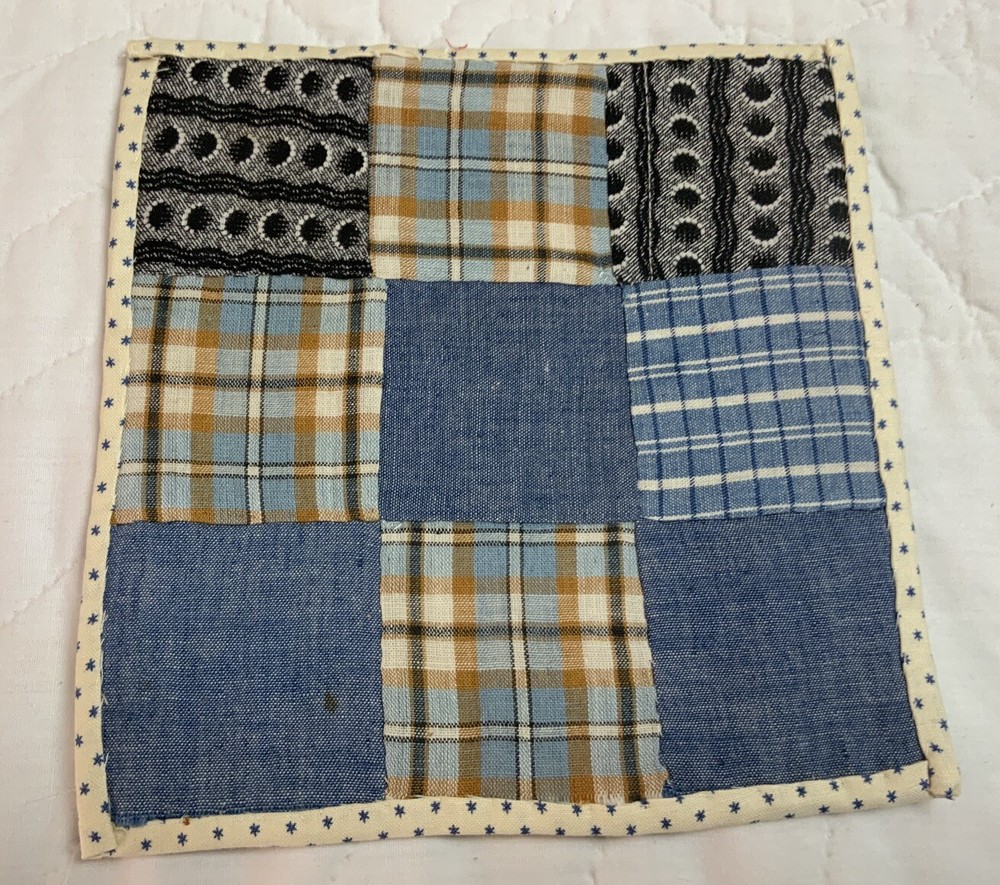 Vintage Patchwork Quilt Table Topper, Nine Patch, Early Calico Prints, Blue