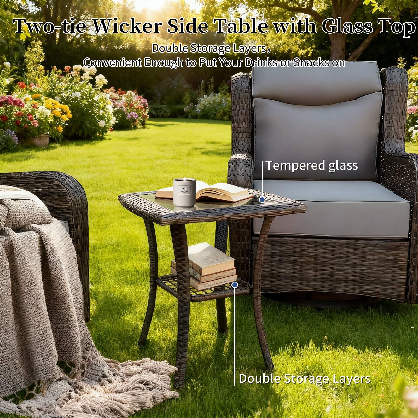 3PCS Wicker Patio 360° Swivel Rocker, Outdoor Swivel Rocking Chair Set w/ Table