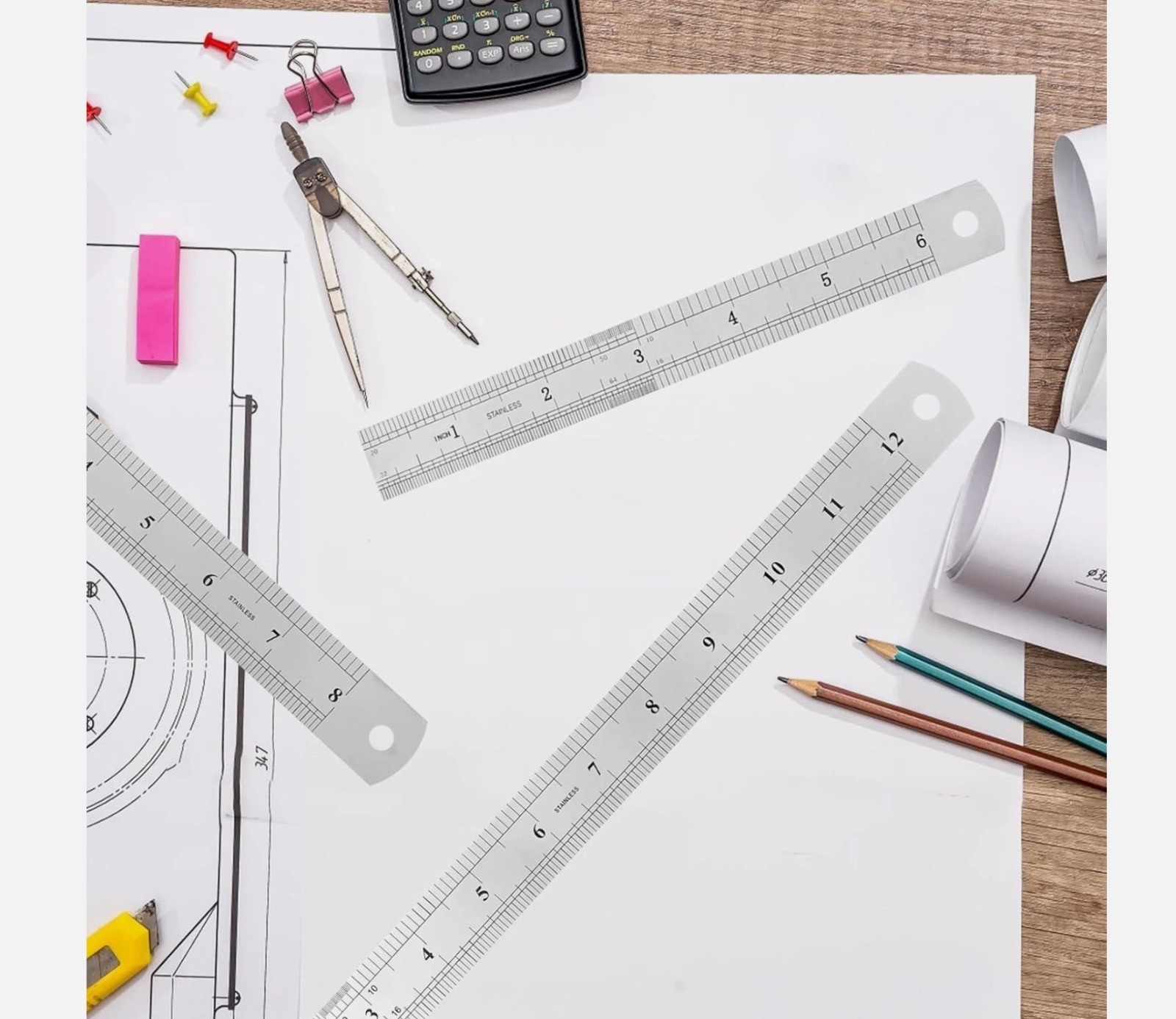 3Pcs Stainless Steel Ruler Set 6 8 12 Inch Metal Ruler with Inch and Metric New