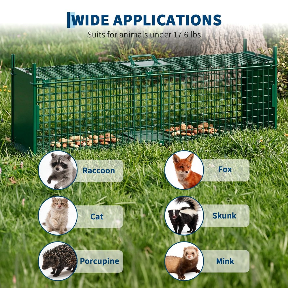 39" 2-Door Live Animal Trap Cage with Handle & Sensitive Trigger, Collapsible