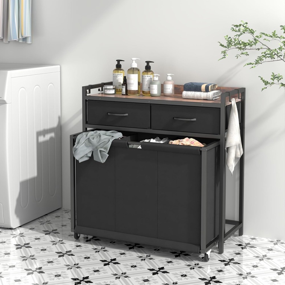 Laundry Hamper Laundry Basket with 3 Section Pull-Out Rolling Bags, Laundry Sort