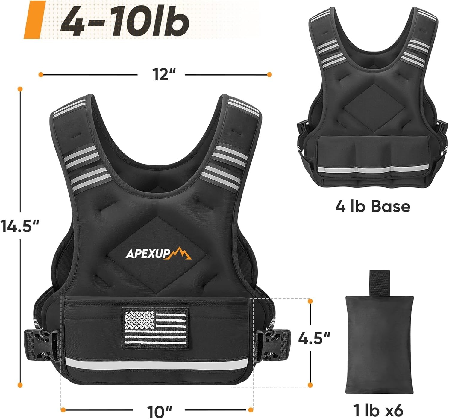 Adjustable Weighted Vest, 4-10lb Vest with 6 Ironsand Weights and Large Pocket,