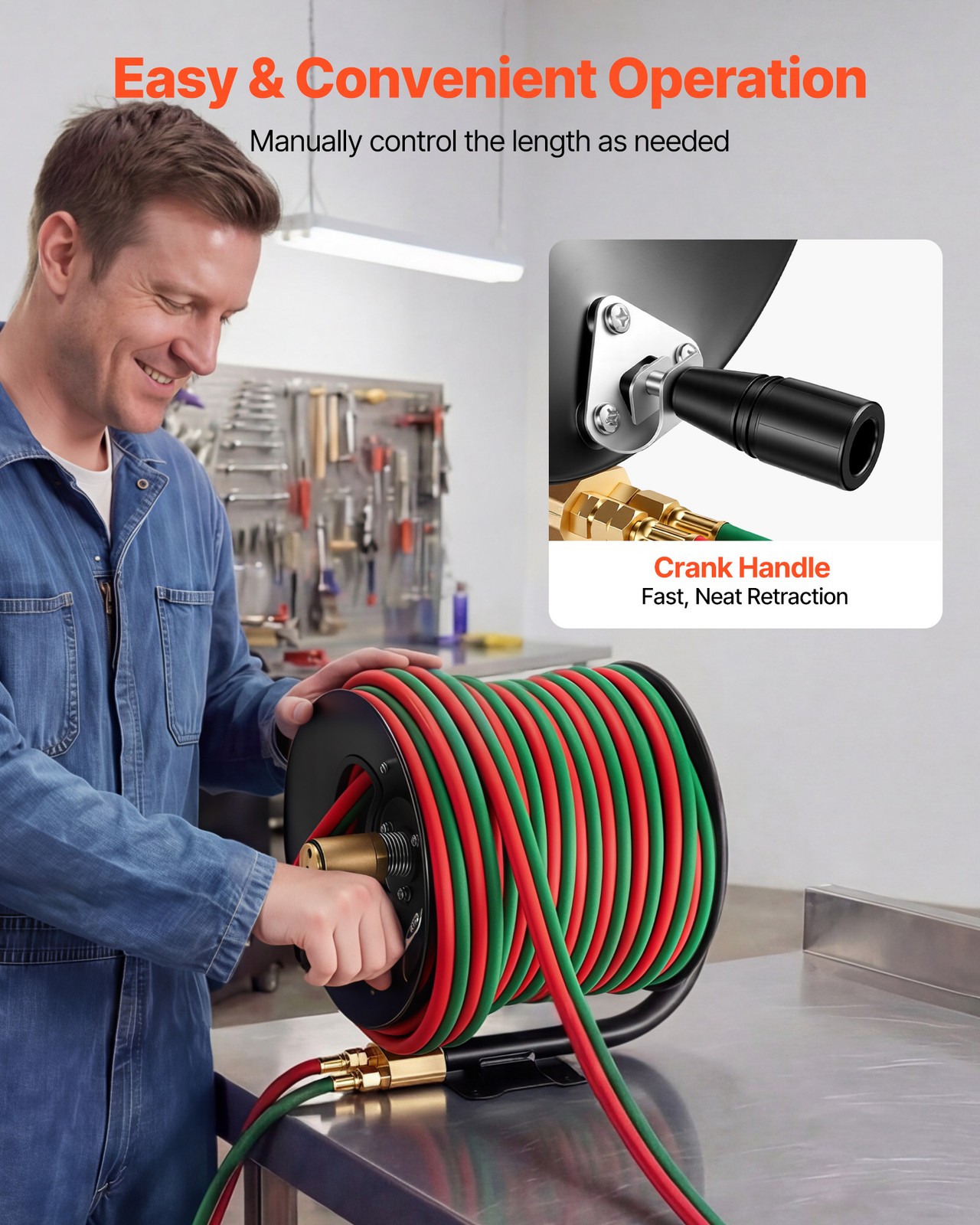 VEVOR Retractable Welding Hose Reel Hand Crank Hose Reel with 1/4" x 100FT Hose