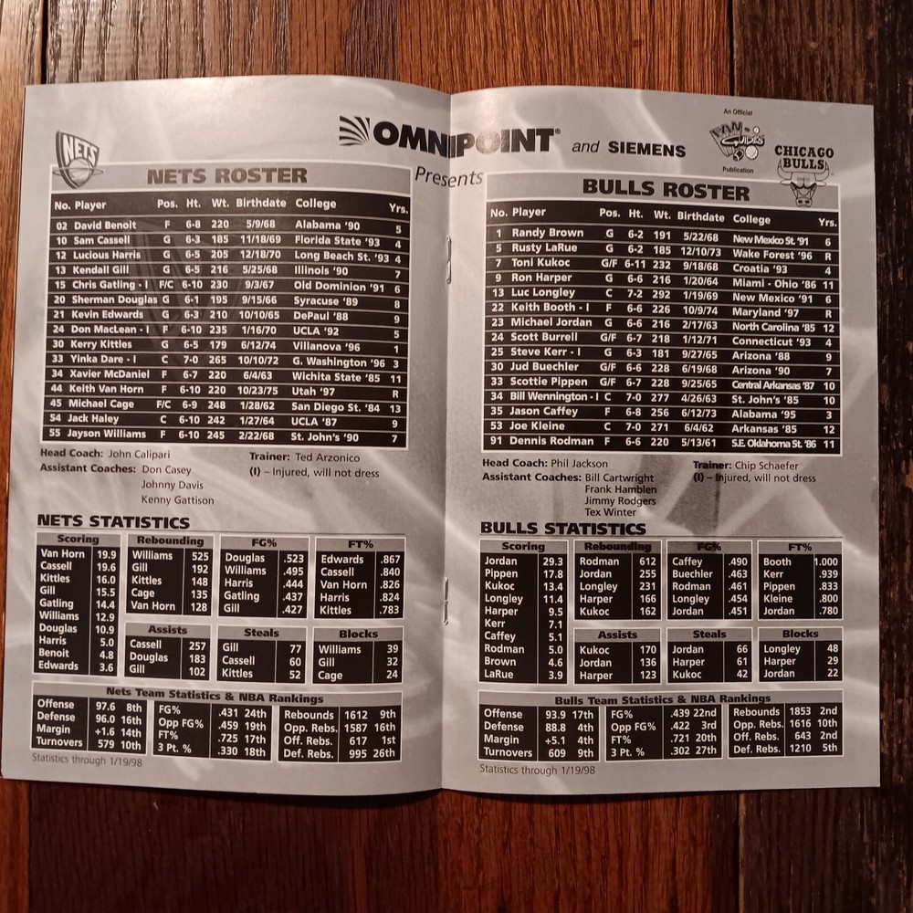 Nets Vs. Bulls January 23,1998 Game Day Program