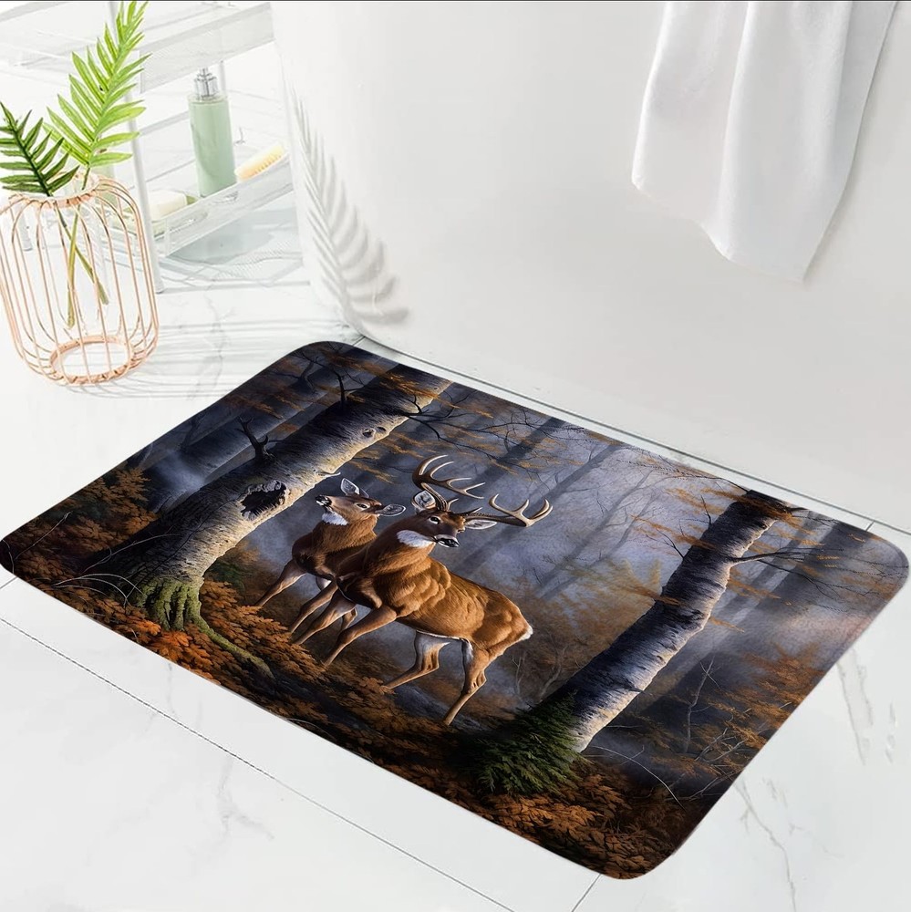 ZNLSU Deer Forest Bath Mat Cabin Rustic 1'6" x 2'6" (Rectangular), Brown Blue