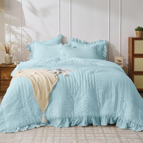 Comforter Set, 3 Pieces Seersucker Comforters Size, King Light Blue