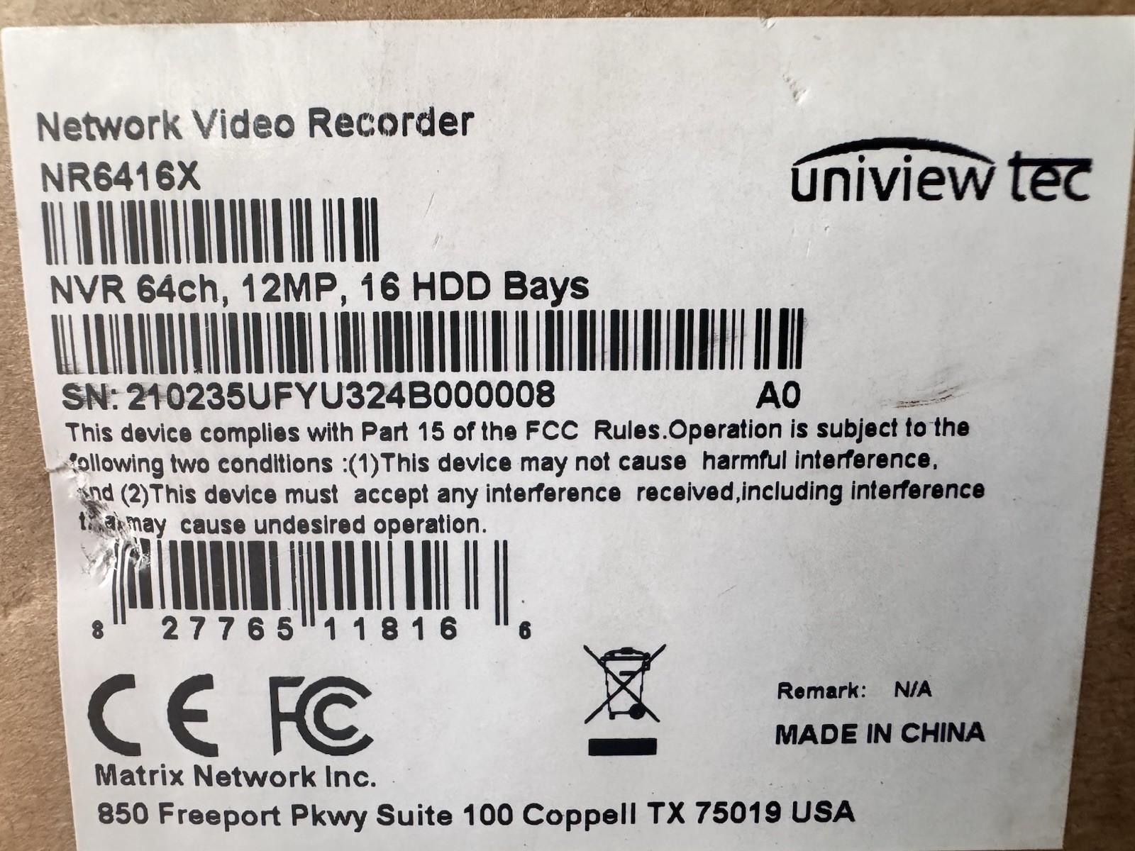 Uniview Tech 64 Channel NVR, NR6416x