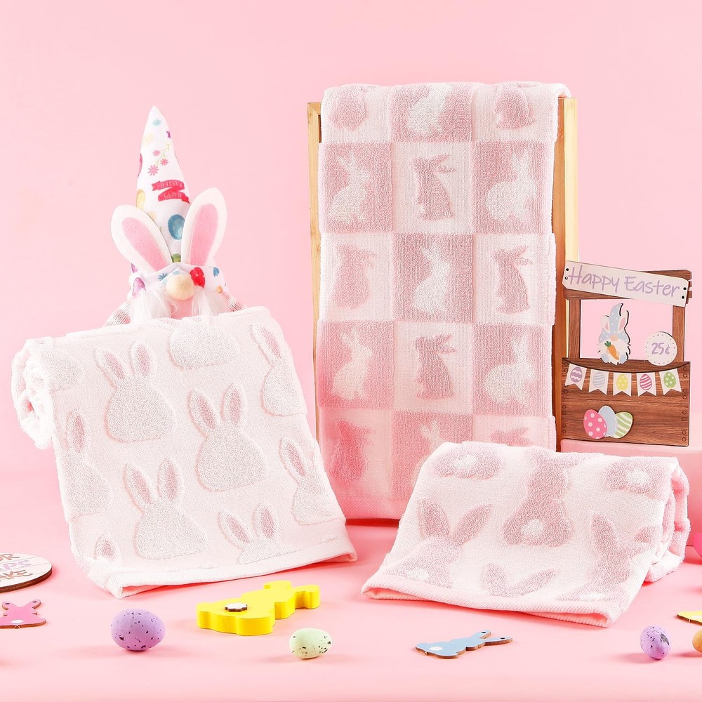 2 Pack Easter Hand Towels White Pink Rabbit Bunny Checkered Spring Bathroom D...