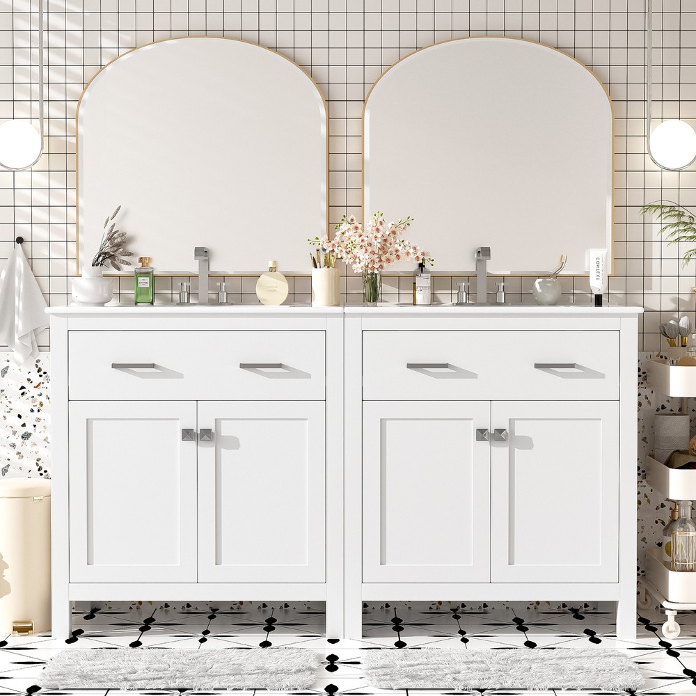 60" Modern Bathroom Vanity Set with Double Vanities，Double Ceramic Sinks White