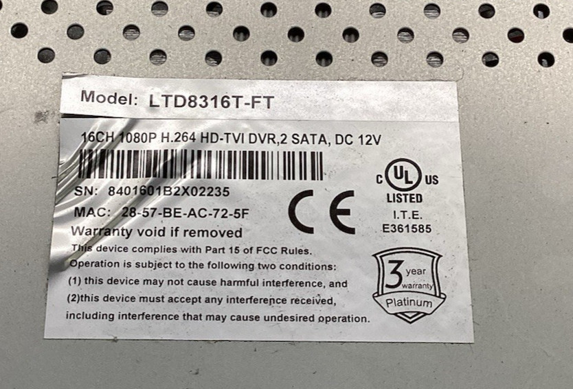 LTS LTD8316T-FT 16 CH HD-TVI DVR