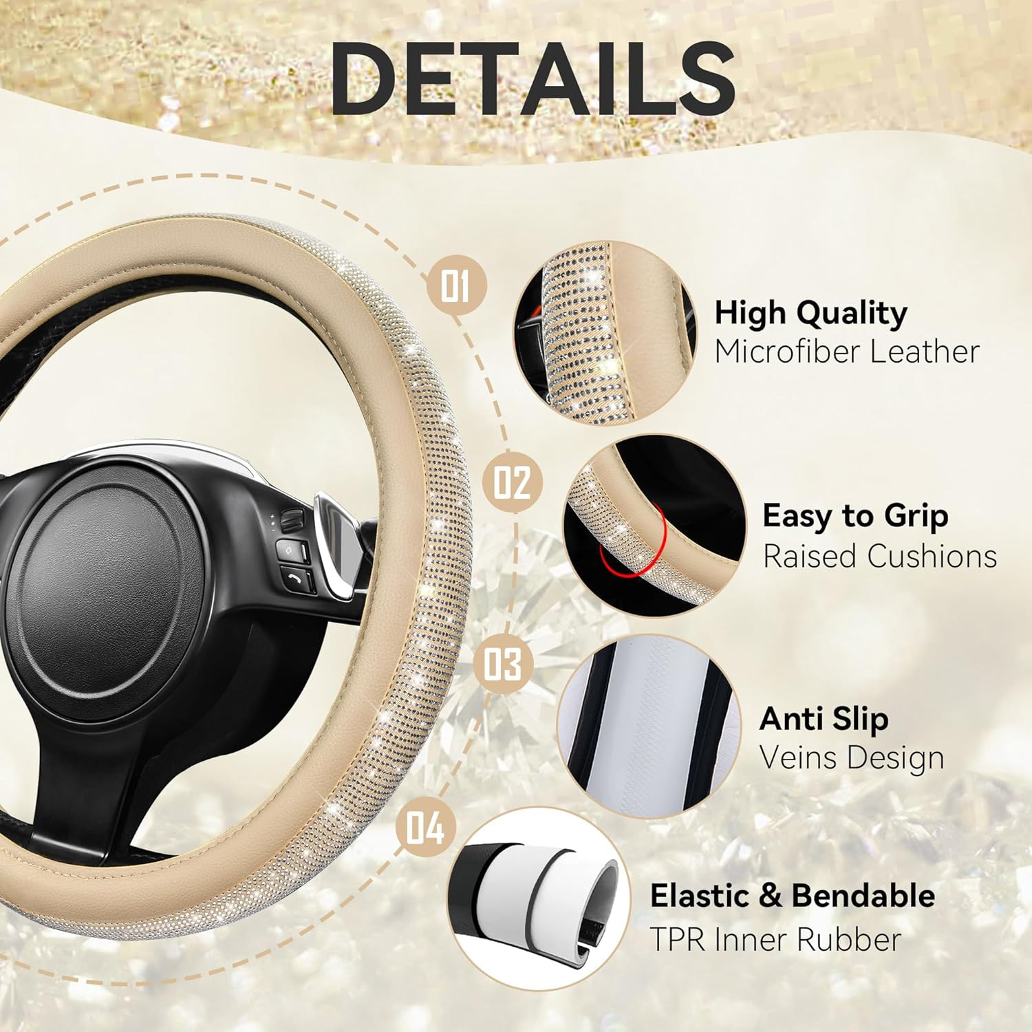 Bling Diamond Beige Leather Steering Wheel Cover, White Sparkly Crystal Glitter