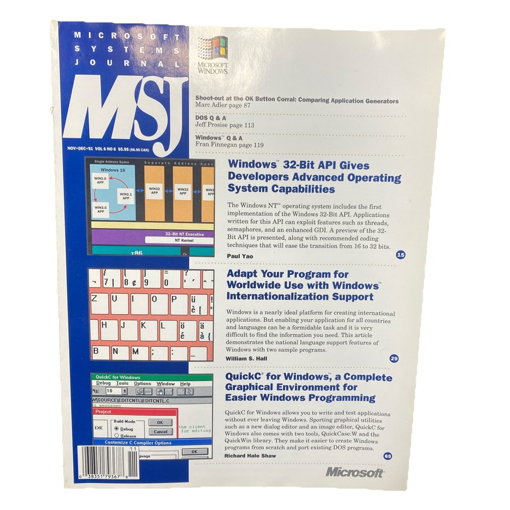 Vintage Microsoft Systems Journal MSJ Nov-Dec 1991 Windows 32 Bit API QuickC