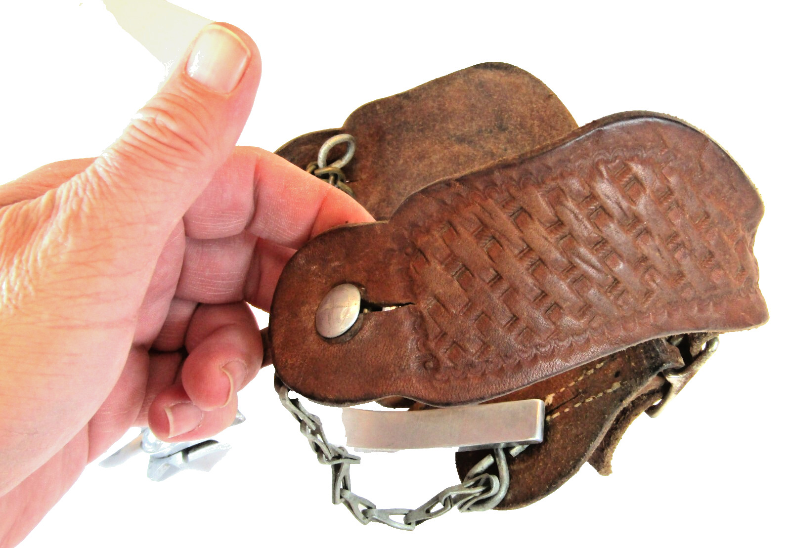 PAIR OF UNMARKED ENGRAVED ALUMINUM AIRPLANE METAL RIDING SPURS W/ STRAPS