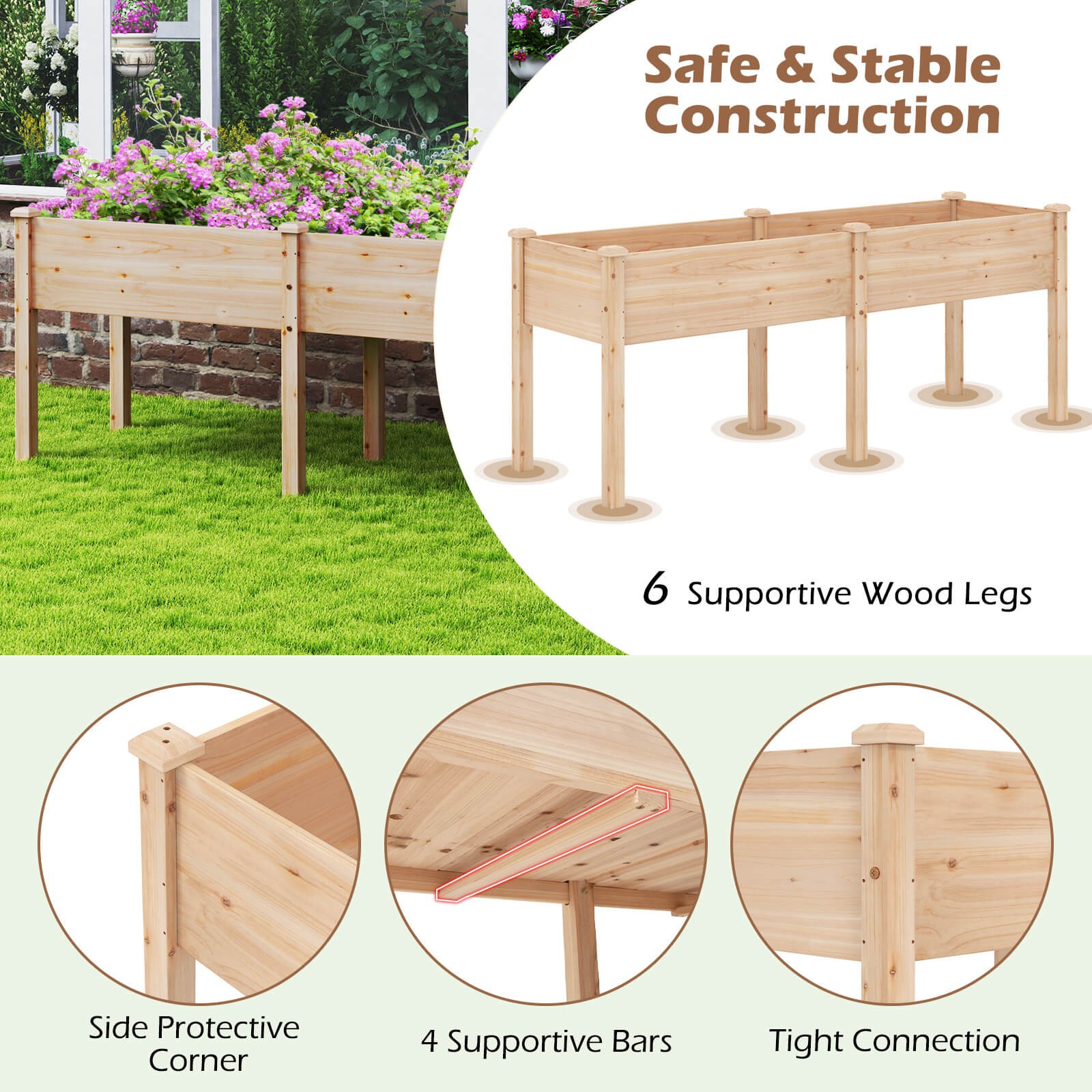 Raised Garden Bed Elevated Fir Wood Planter Box w/ 2 Large Planting Areas