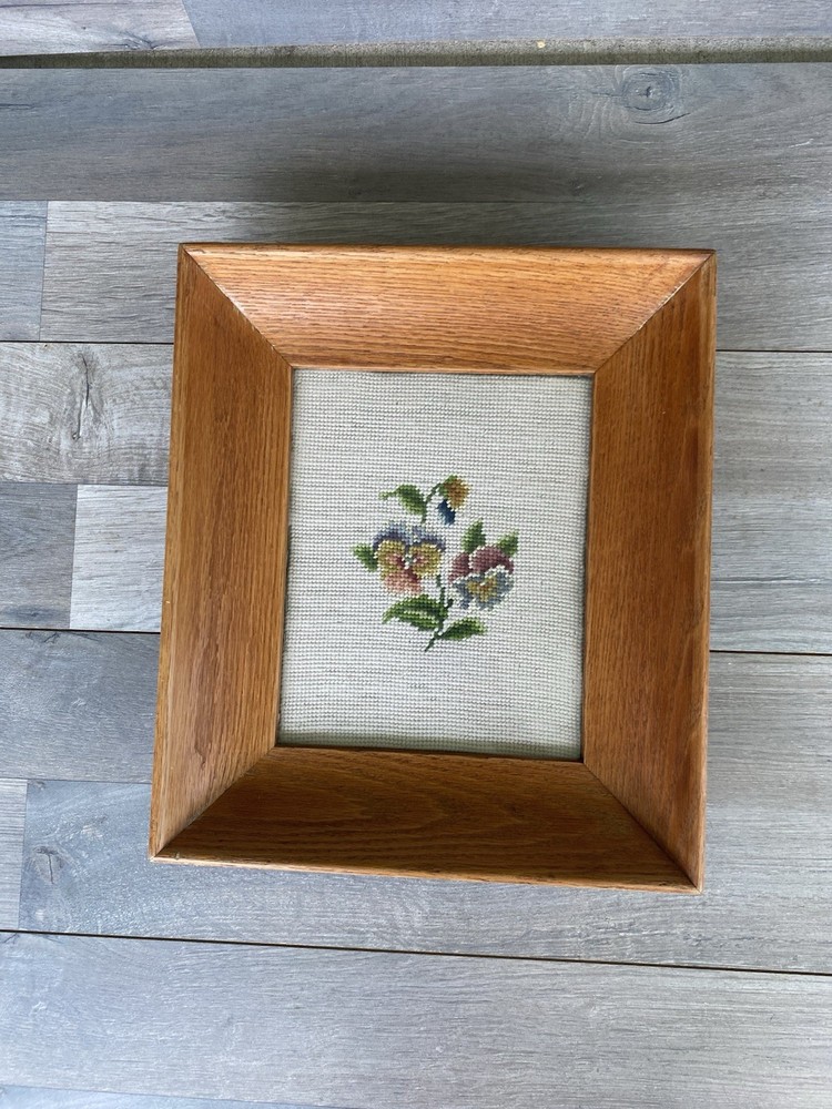 Vintage Needlepoint Canvas Flower Wooden Framed