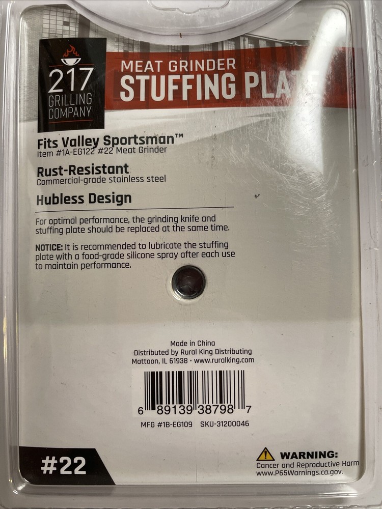 #22 Meat Grinder Sausage Stuffing Disc Plate New In Package Meat Processing