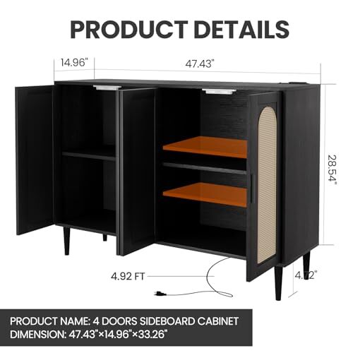 4 Doors Accent Storage Cabinet, Console Table Coffee Bar With Adjustable Shelves
