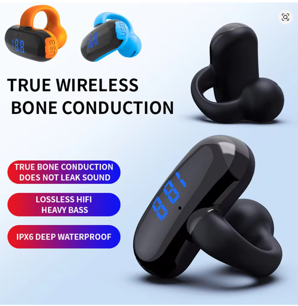 Bluetooth 5.3 Bone Conduction Open Ear Clip Earbud Waterproof Mic LED