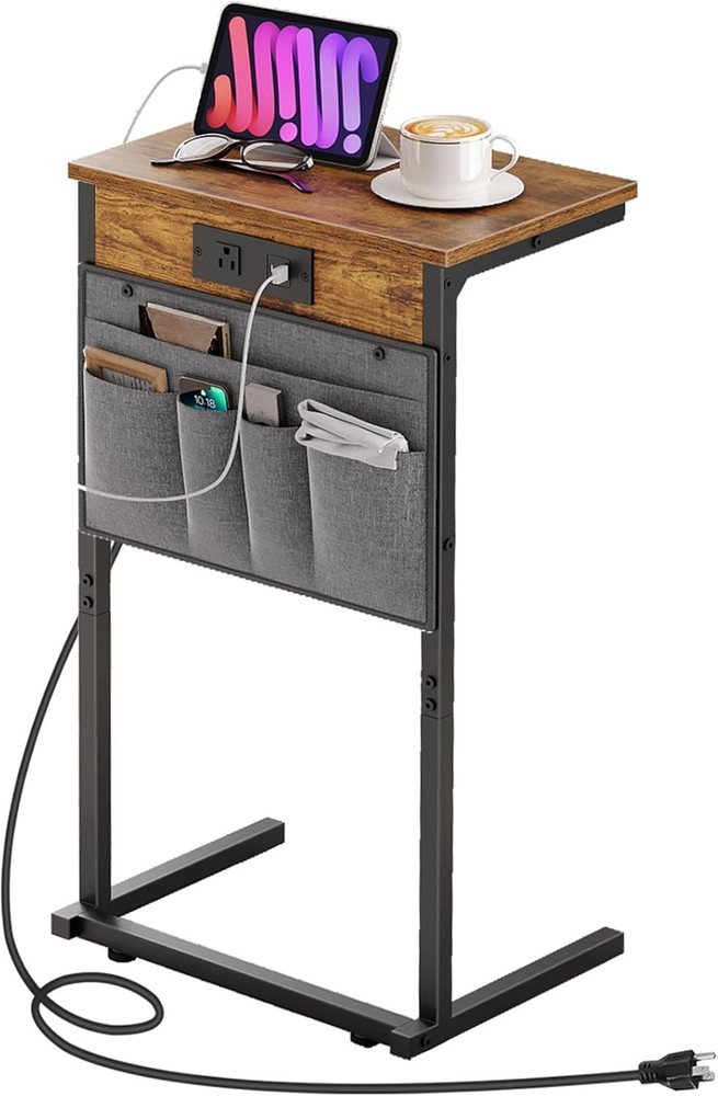 C Shaped End Table W/ Charging Station 28" H Couch Side Table Slide Under Sofa