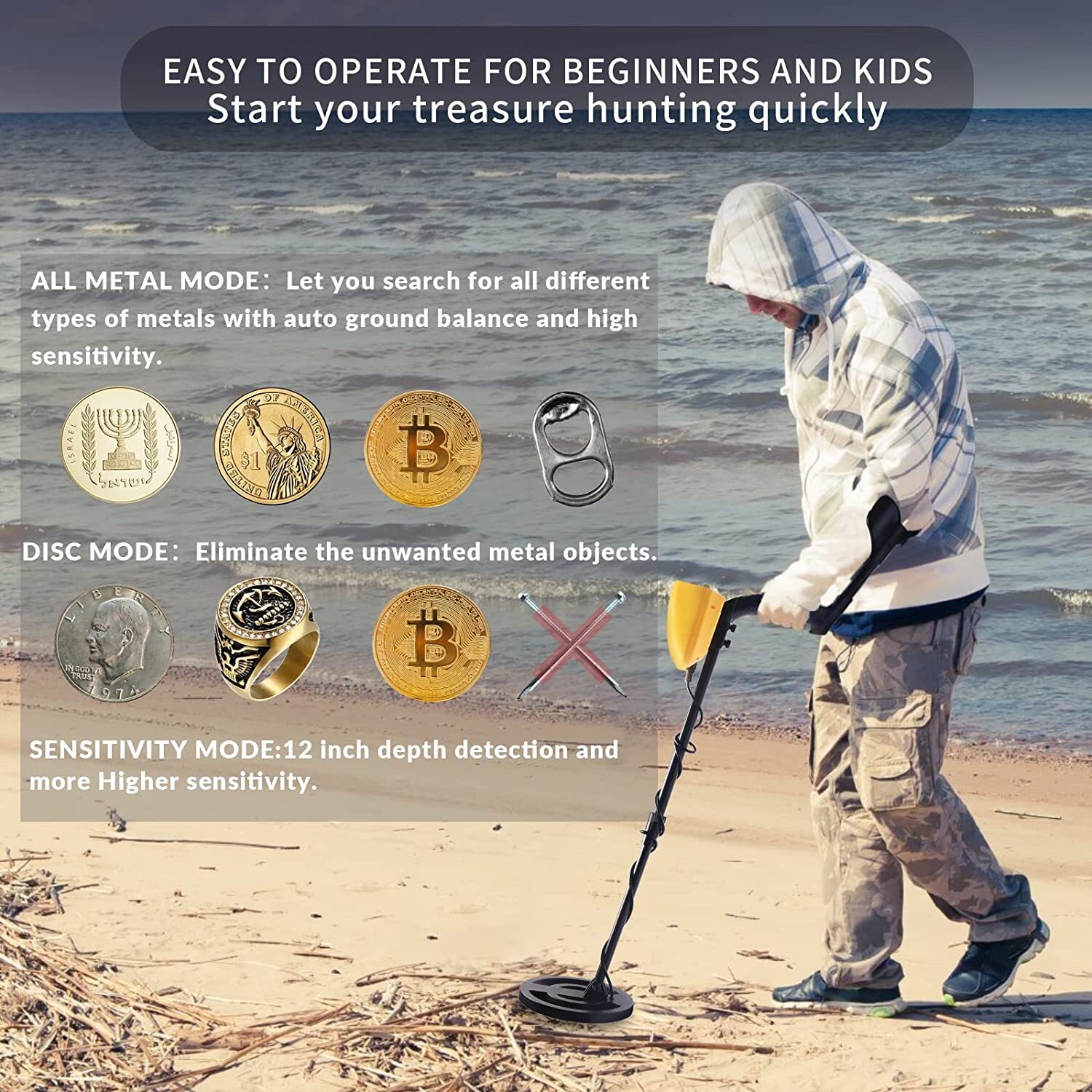 Metal Detector Adults Waterproof 10" Inch Search Detecting Gold Coin Treasure