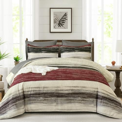 Size Comforter Set, 7 Pieces Striped Bed in a Bag Comforter and Sheet King Red