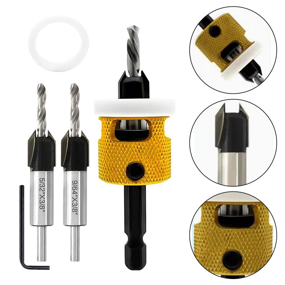 Replaceable Countersink Drill Bits Set of 3 with Adjustable Depth Feature