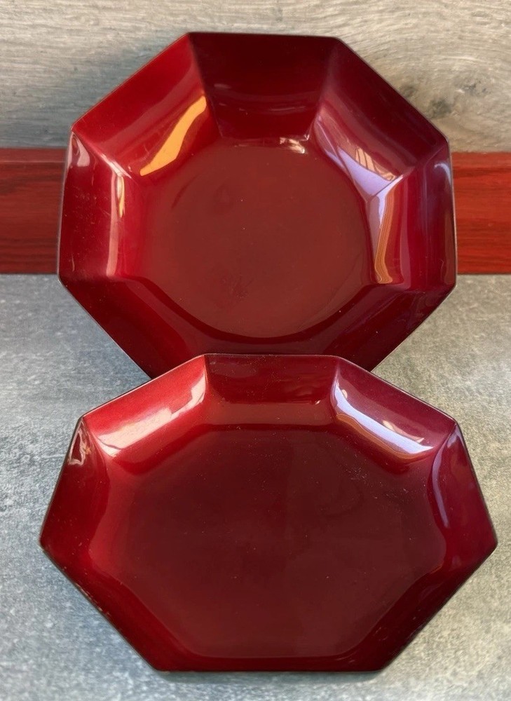 2 REED &BARTON 578 &579 Red Enamel Silverplate Nut Candy Dishes Bowls Octagonal