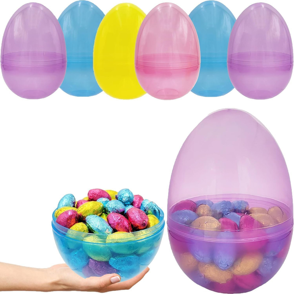 6" Inch Fillable Easter Eggs 6-Pack Jumbo Translucent, Colorful Plastic Jumbo Ea