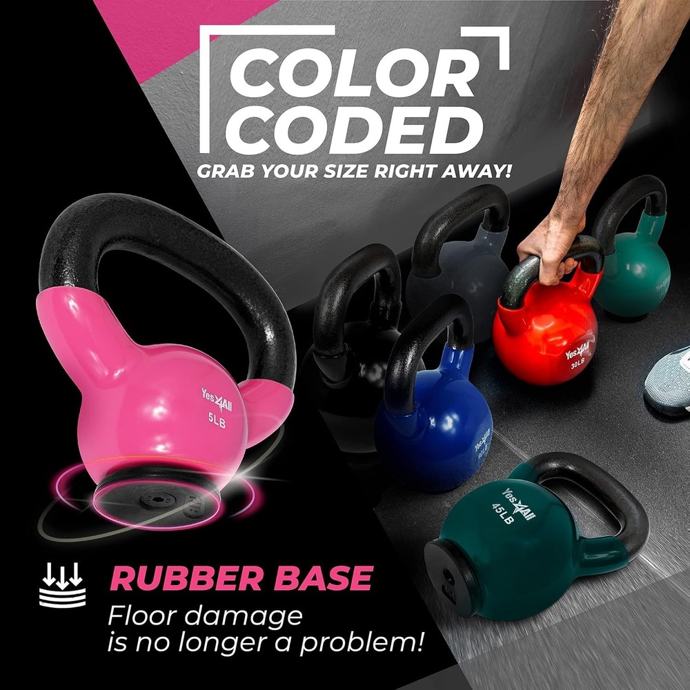 Versatile Kettlebell Set (5-65 lbs) with Rubber Base for Home Strength Training