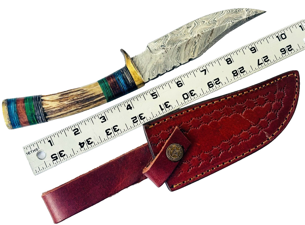 Vintage Stag Handle Fixed Blade Knife Damascus Blade Knives & Leather Sheath