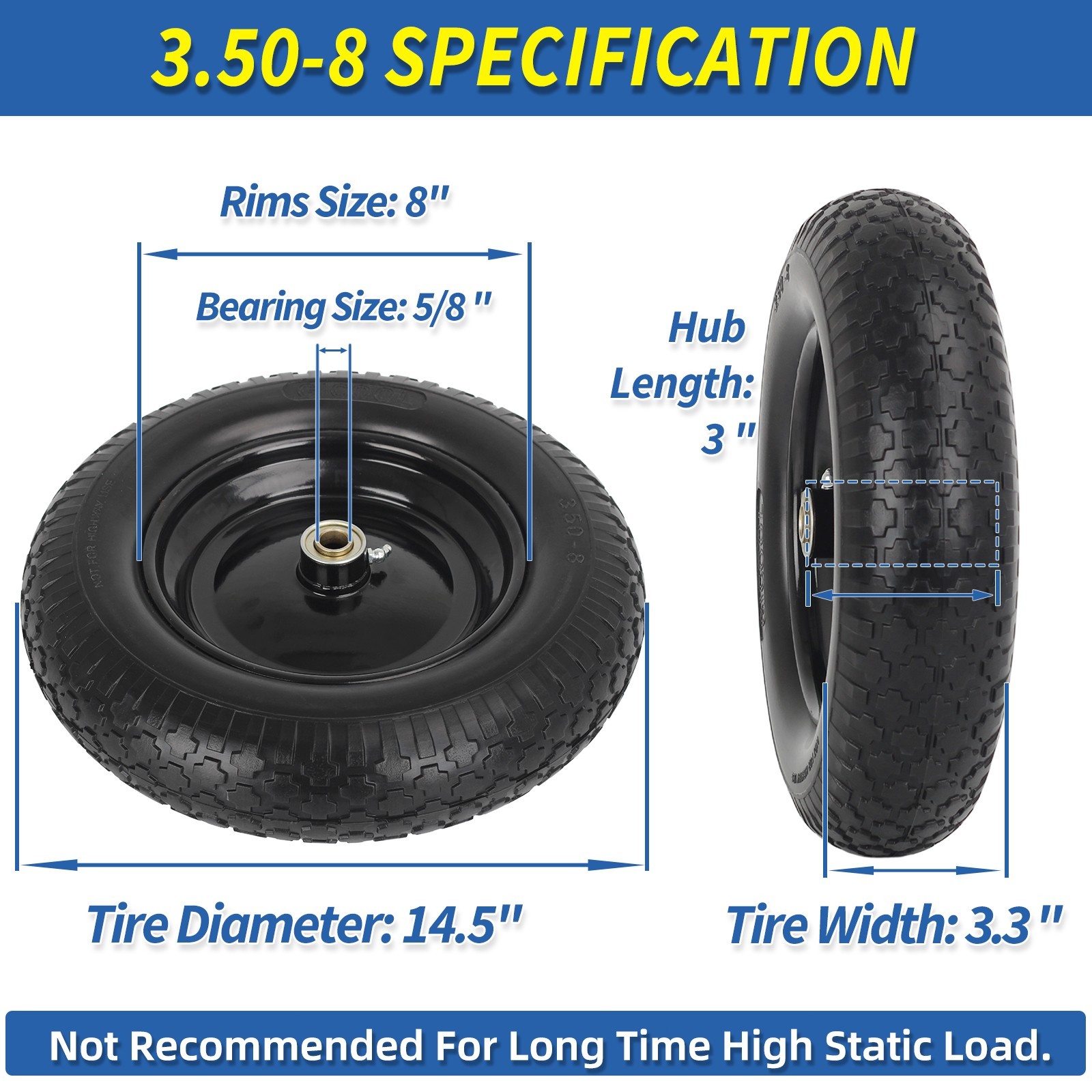 14.5 x 3.50-8 Flat free Tire & Wheel for Wheelbarrow Garden Wagon Trolley Cart