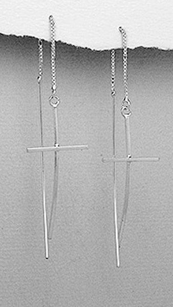 Solid Sterling Silver Threader Curved Cross Dangle Earrings 3" Long