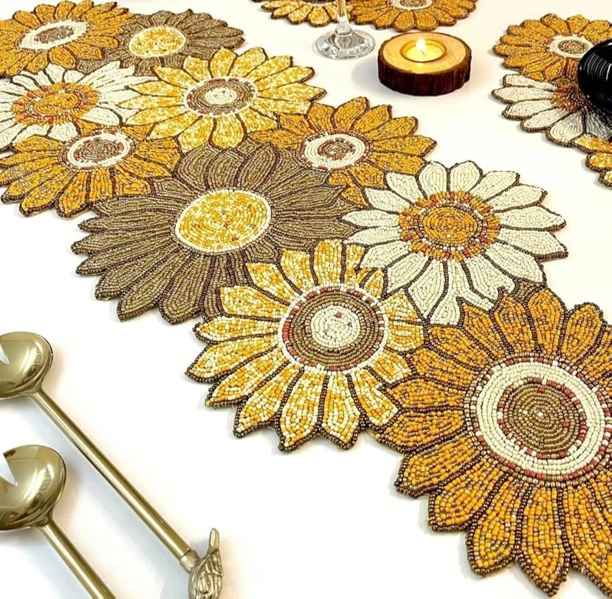 TBS Multi Color Floral Design Hand Crafted Table Runner Fully Beaded 13" x 36"